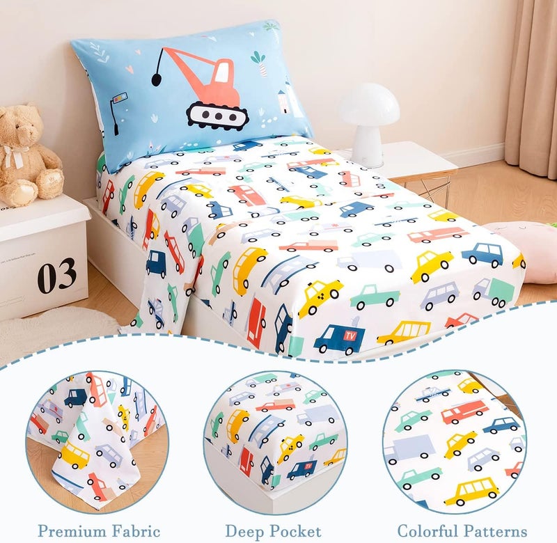 PERFEMET 4-Piece Toddler Bedding Set Boys Cars Toddler Comforter with Sheets Reversible Lightweight Blue Vehicles Toddler Bed Set for Crib(Blue, Cars) - Image 4